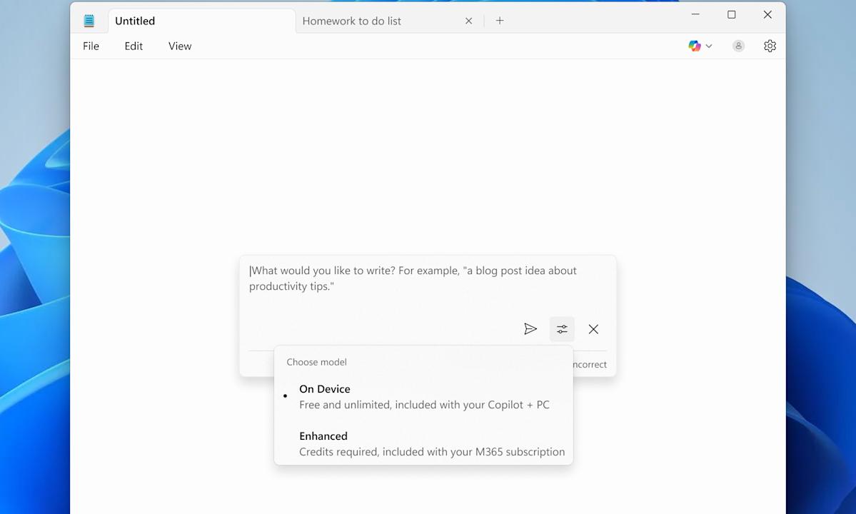 Notepad's AI Writing Tools Coming to Copilot+ PCs Locally